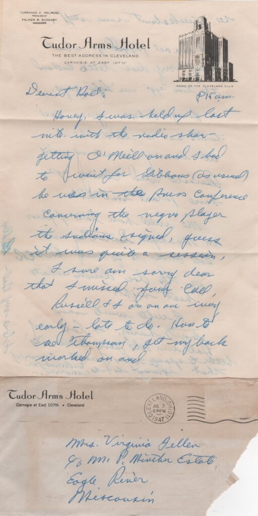 Bob Feller wrote this letter the day first Larry Doby put on a big league uniform
