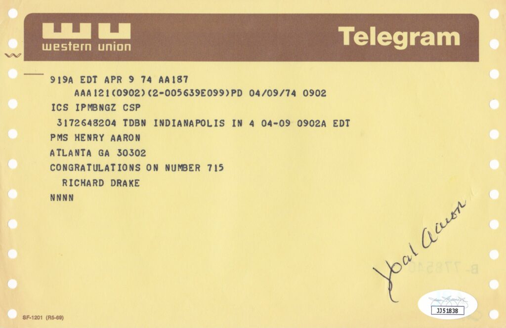 When he passed Babe Ruth, Hank Aaron received congratulatory telegrams from all over the country