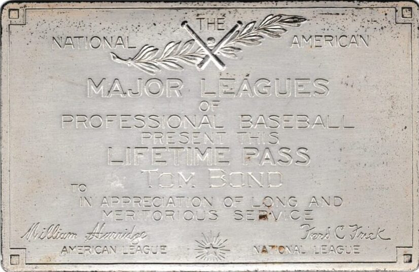Tommy Bond's sterling silver lifetime pass to all MLB games