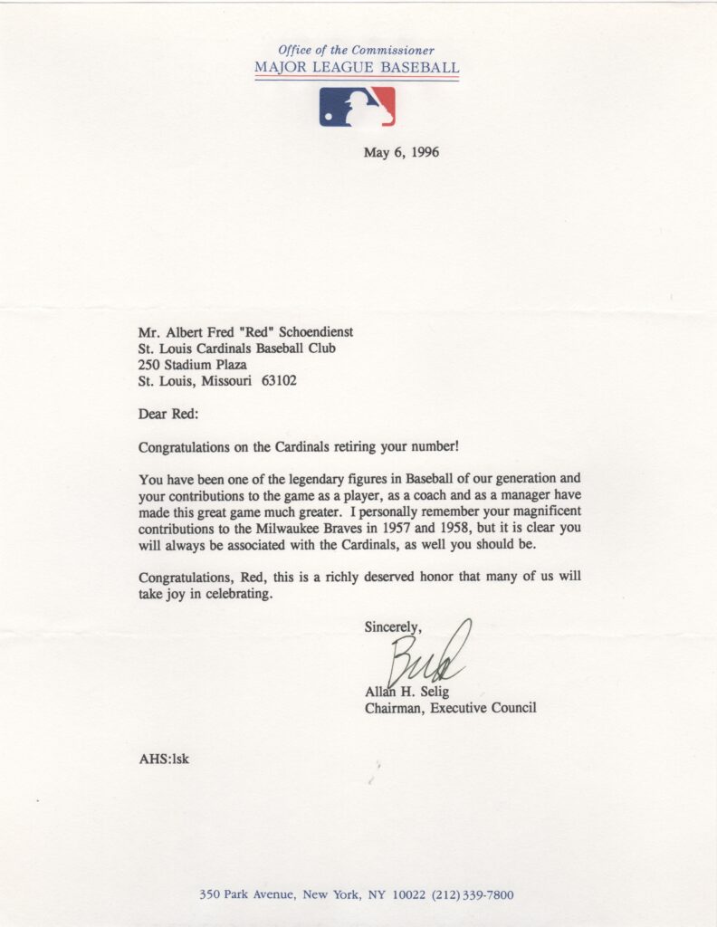 The Cardinal franchise retired #2 in honor of Red in 1996